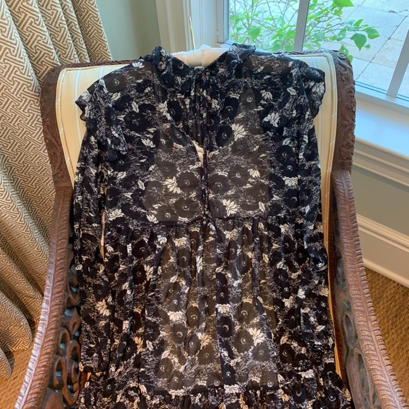 FREE PEOPLE BOHO RUFFLES BABYDOLL MINI DRESS IN BLACK WHITE FLORAL PRINT SZ S,M - Picture 11 of 15